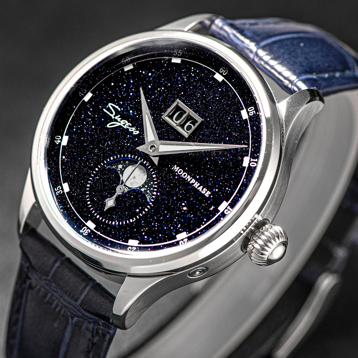 Sugess Moonphase Herrenuhr, 40 mm, automatische mechanische Armbanduhren, Origin ST2528, Uhrwerk, blaue Sandstein-Zifferblätter aus Edelstahl – Detail 10