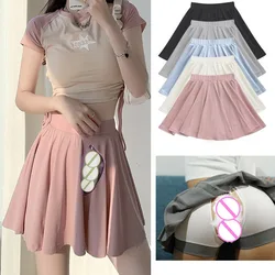 Open Crotch Outdoor Sex Ice Silk Pleated Sports Skort Women's Summer Skirt Casual Mini Stretch Waist Flared Plain Pleated Skater