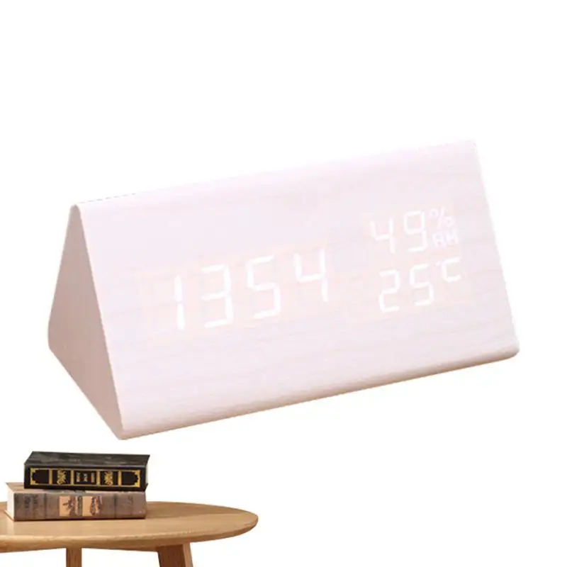 Wooden Alarm Clock Battery Operated Desk Clock With Humidity Temperature And Voice Control Adjustable Brightness Clock For Room