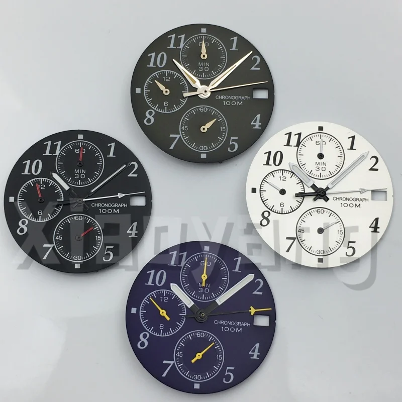 29mm 12 Hours Black White Green Blue Dark Green VK67 Watch Dial Hands Set Green Lume for VK67 Chronograph Movement Watch Parts