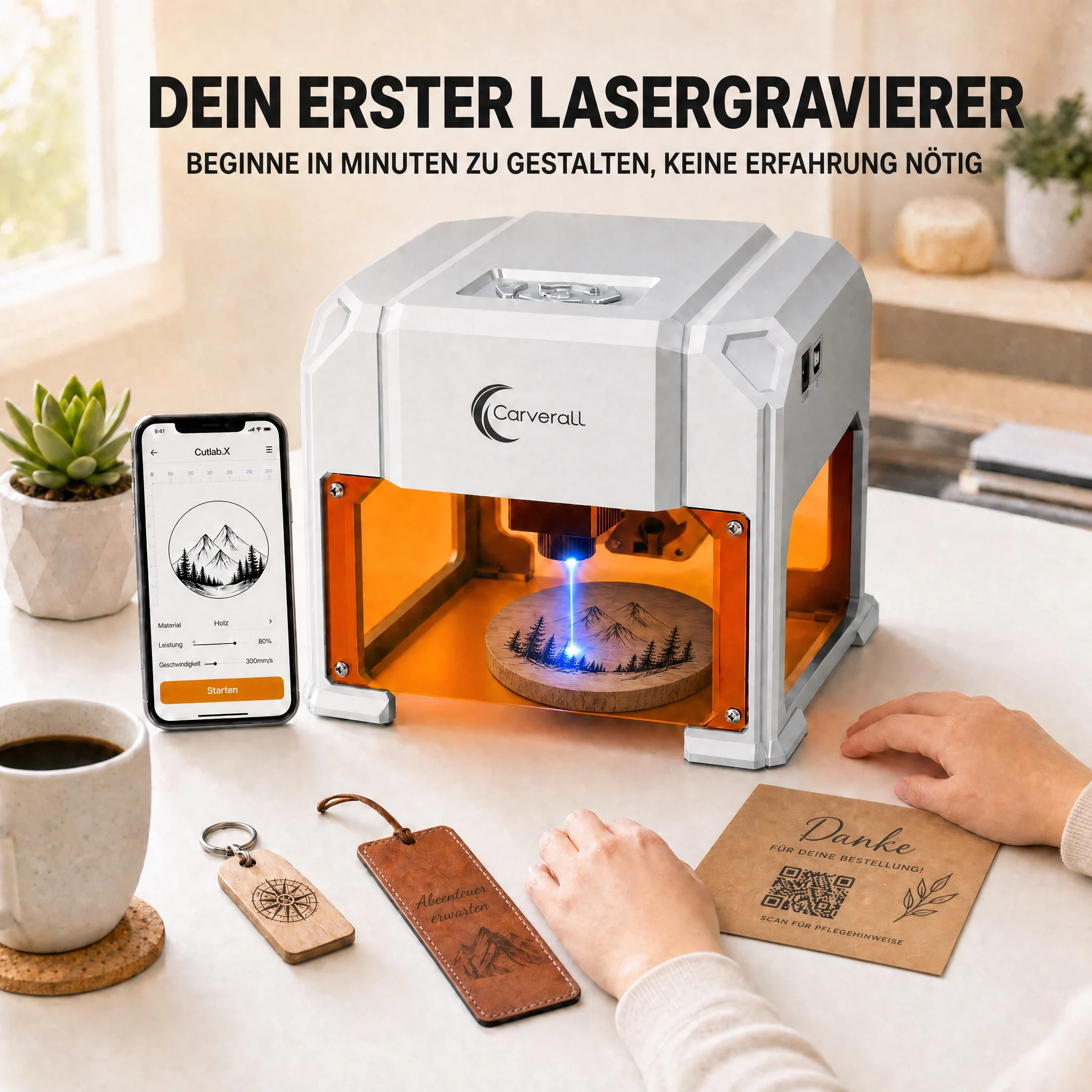 Carverall K4 3W Lasergravierer, Tragbare Mini-Graviermaschine mit WiFi-App-Steuerung und USB, 80 x 80 mm, Bis zu 0,01 mm Präzision, für Holz, Bambus, Leder, Papier, Karton, DIY-Geschenke, Einsteigerfreundlich – Detail 17