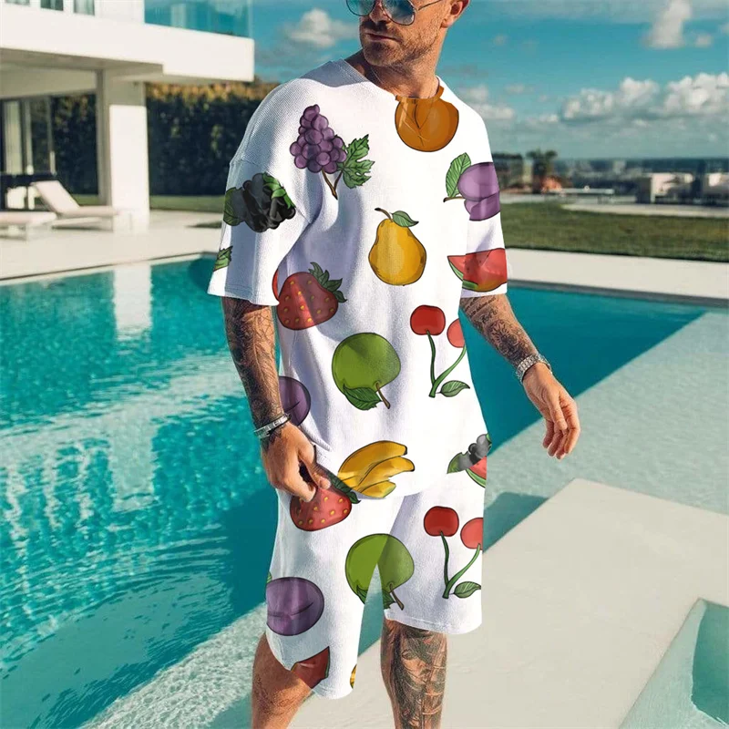 

Мужской комплект футболок с милым гавайским фруктовым принтом, 2 штуки, для отдыха и пляжа, быстросохнущие, дышащие, с коротким рукавом