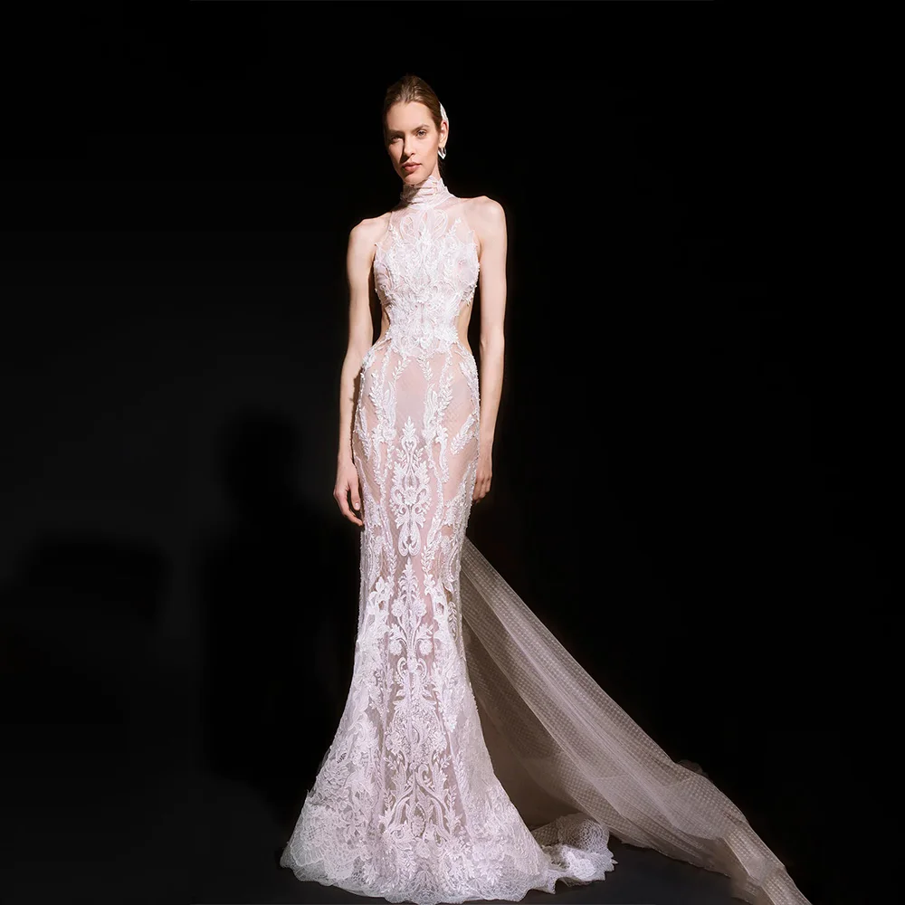 

DRESS FORU Elegant Sexy Evening Dress Tulle for Floor-Length High Collar Backless Prom Dress Vestidos De Fiesta Customized