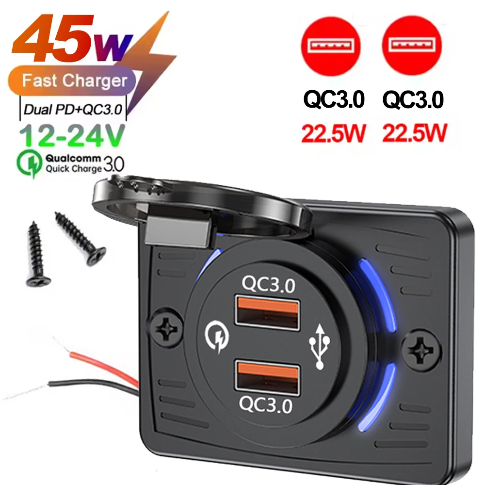 Wandmontierter Ladegerät-Adapter, 2–4 Ports, USB-Steckdose, QC 22,5 W PD 30 W Typ-C-Schnellladung, QC3.0-Panel, Bus, ATV, LKW