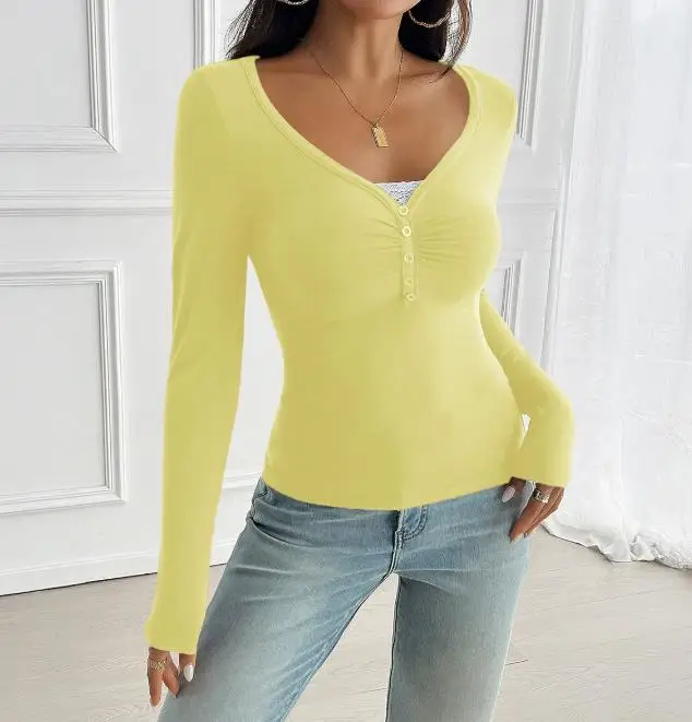 

Tight Fitting Women's T-Shirt Spring V-Neck Elegant and Sexy Lace Patchwork Collar Solid Color T-Shirt Suitable for Dating