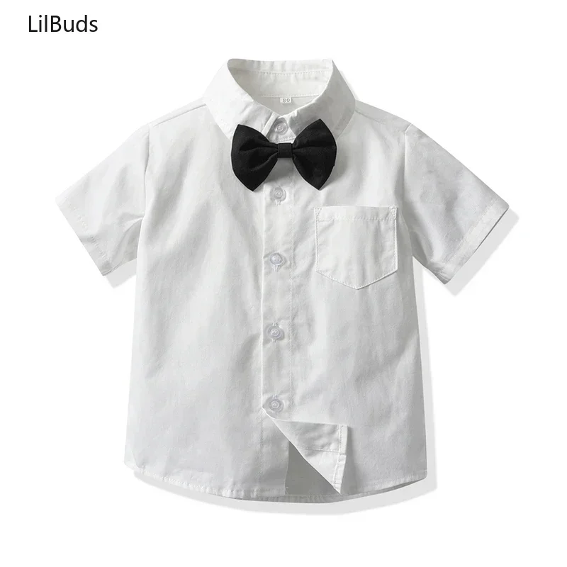 

2025 Fashion Kid Boys Gentleman Clothing Sets Outfits Children Boy Gentleman Short Sleeve Bowtie Shirt+suspenders Shorts Clothes
