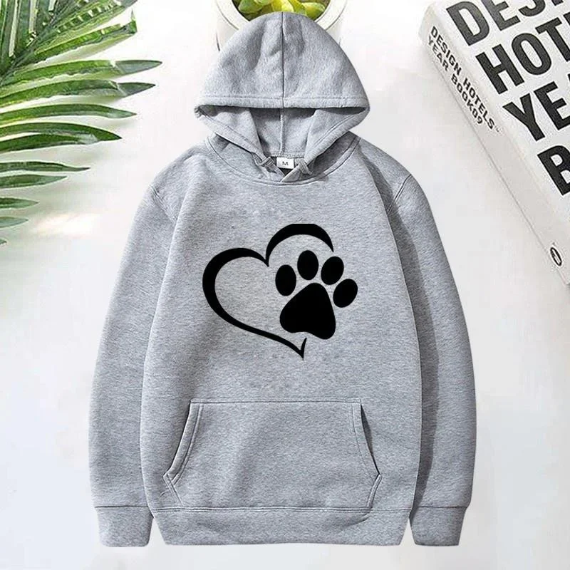 Sweat à capuche imprimé patte de chien et cœur pour femme, décontracté, manches longues, automne hiver, grande taille