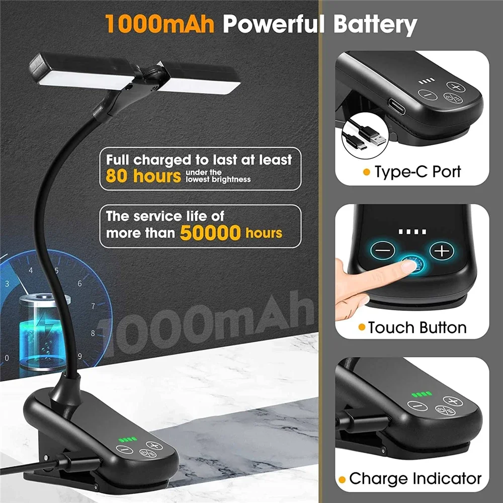 14-LED Clip-On Book Light with Three Colour Adjustments USB-Rechargeable Night Light, Portable Eye-Protecting Reading Lamp,
