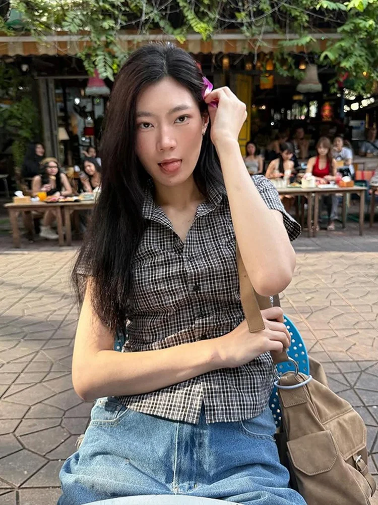 

WEIRD PUSS Retro Lazy Plaid Print ort Sve Open Cardigan Women's Faion Versatile Spicy Girl Top Trendy Collar irt