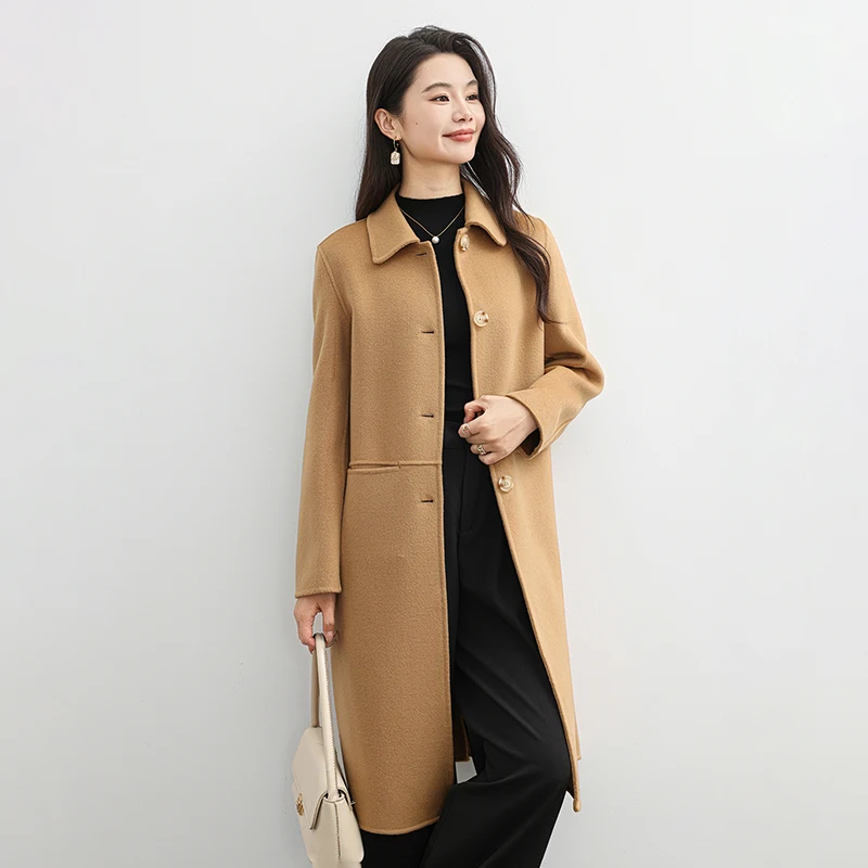 WinvyNee Zimowe Długie Płaszcze Damskie z Wełny z Kieszeniami Jednostronne Szare Wełniane Płaszcze Modne Eleganckie Płaszcze Zapinane na Guziki H1643007