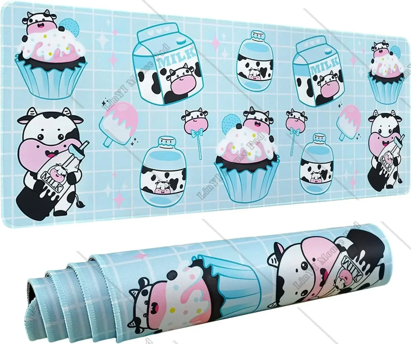 

Kawaii Cow Mouse Pad Mat Large Milk Cake Cow Gaming Mouse Pad Pink Blue XL Kawaii Cow Decor Stuff Accessories 31.5 X 11.8 Inch