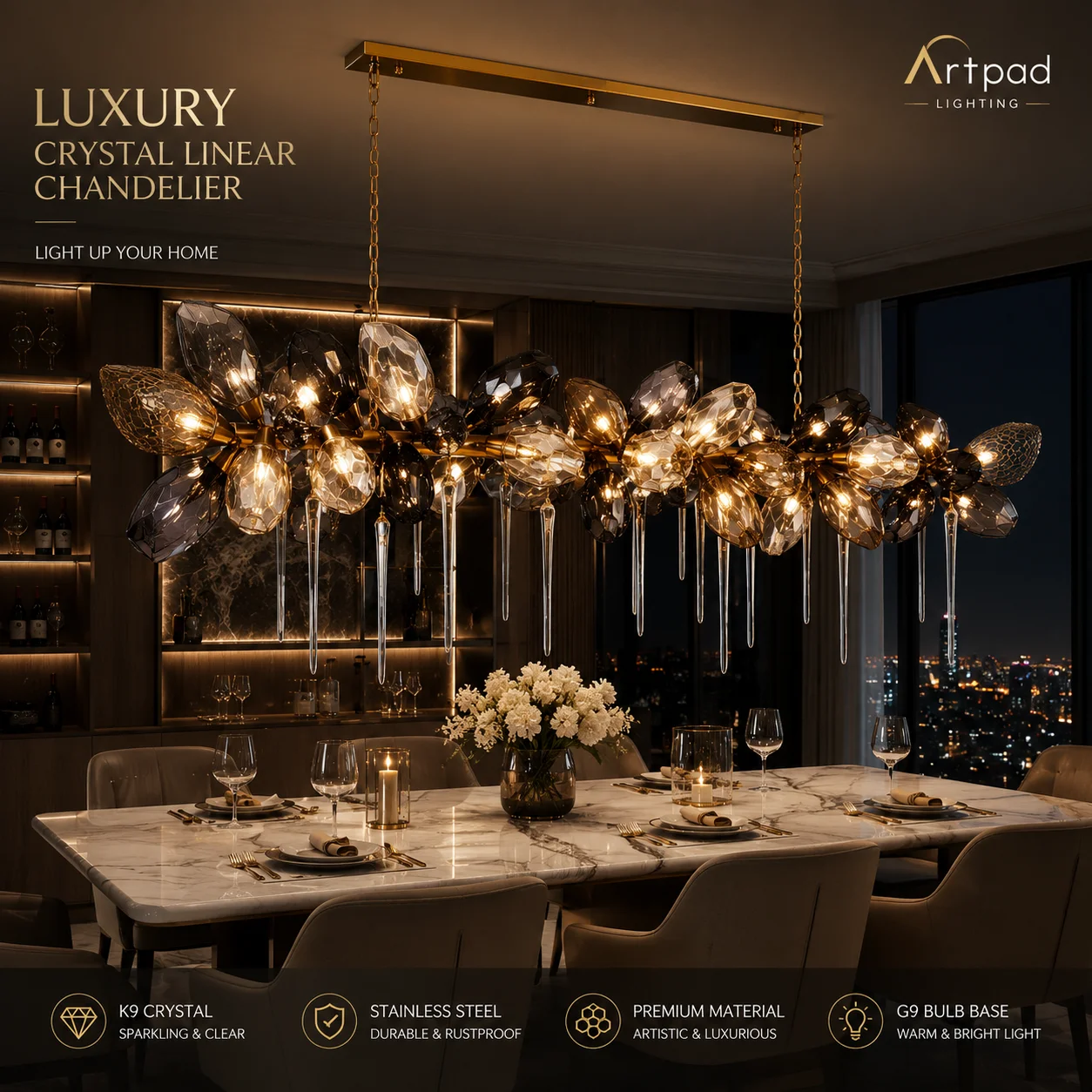 Luxury Designer Glass Chandelier with K9 Crystal Modern Pendant Light for Dining Room Staircase Foyer Villa Decor