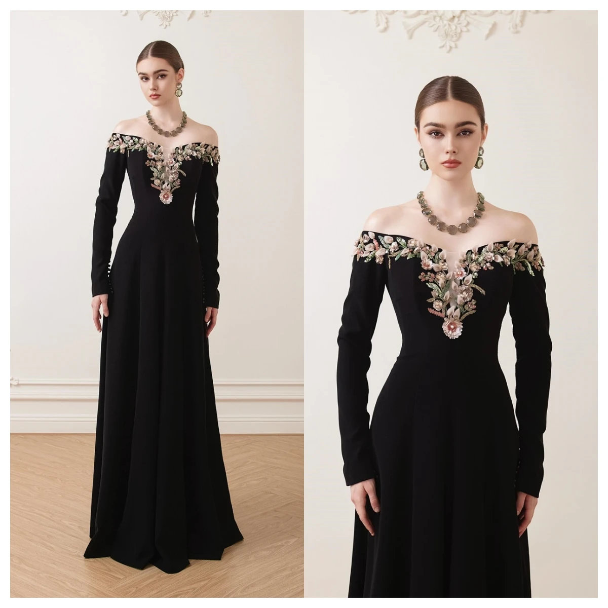 Customized  Graceful Black Jersey Evening Dress Boat Neck Off the Shoulder Long Sleeves Celebrity Gowns Special Occasion Gowns