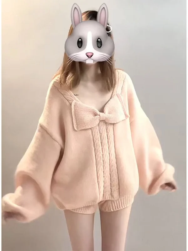 

Корейский стиль: Новый комплект из розового вязаного свитера и шорт с узлами для женщин, весна-осень, повседневный модный образ