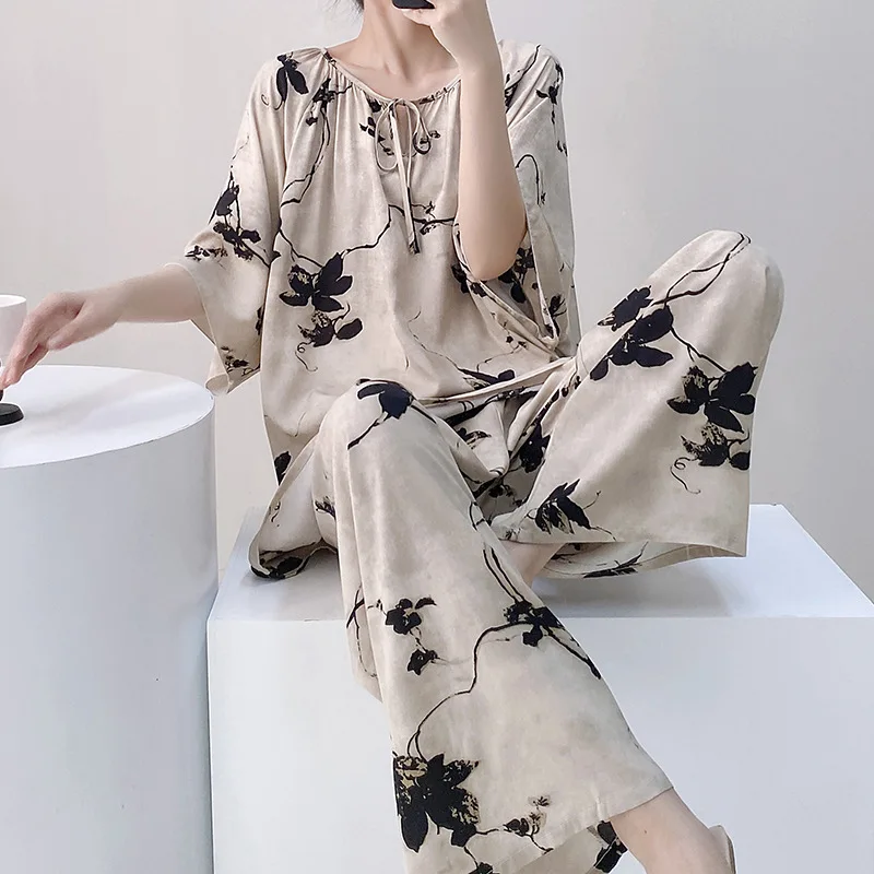 Retro Floral Pyjamas For Women Nightwear Half Sleeve Pullover Pants Lounge Set 2 Piece Set Women's Home Clothes Home Suit