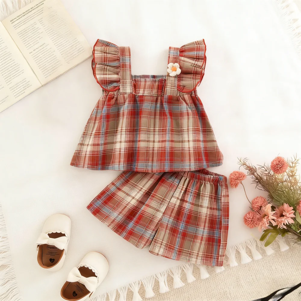 

Одежда для маленьких девочек, летний милый клетчатый топ и шорты, одежда для маленьких девочек, милая пляжная одежда для малышей