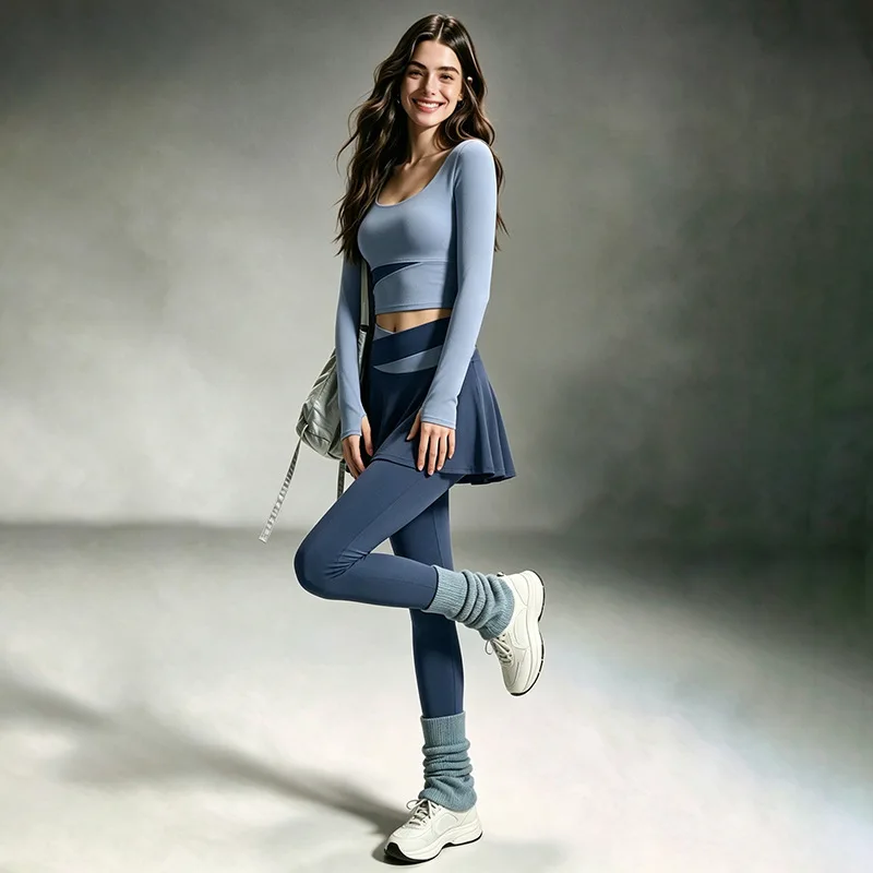 Women U-neck Color Blocked Yoga Suit Women Long Sleeved Top High Waist Exposed Navel Leggings Pilates Exercise