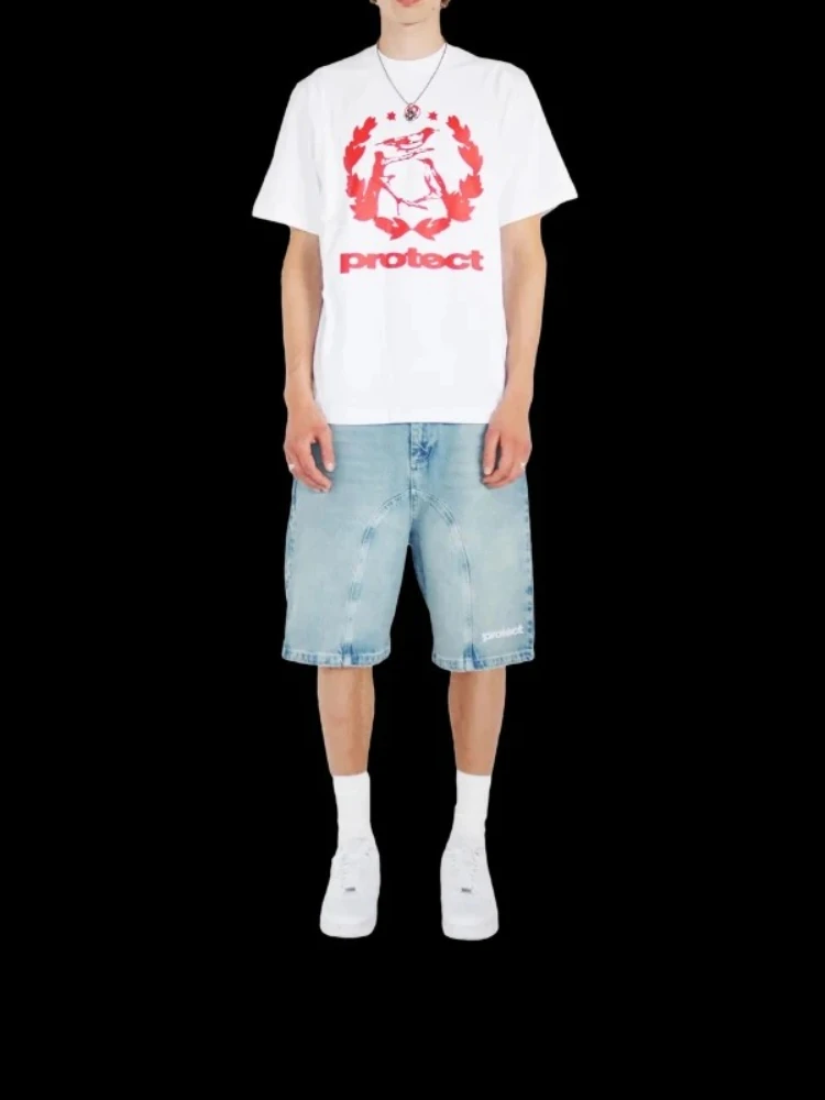 HOUZHOU Y2k Vintage Harajuku krótkie dżinsy damskie sprany haft amerykański Retro męskie dżinsy Jorts Baggy hiphopowy sweter lato