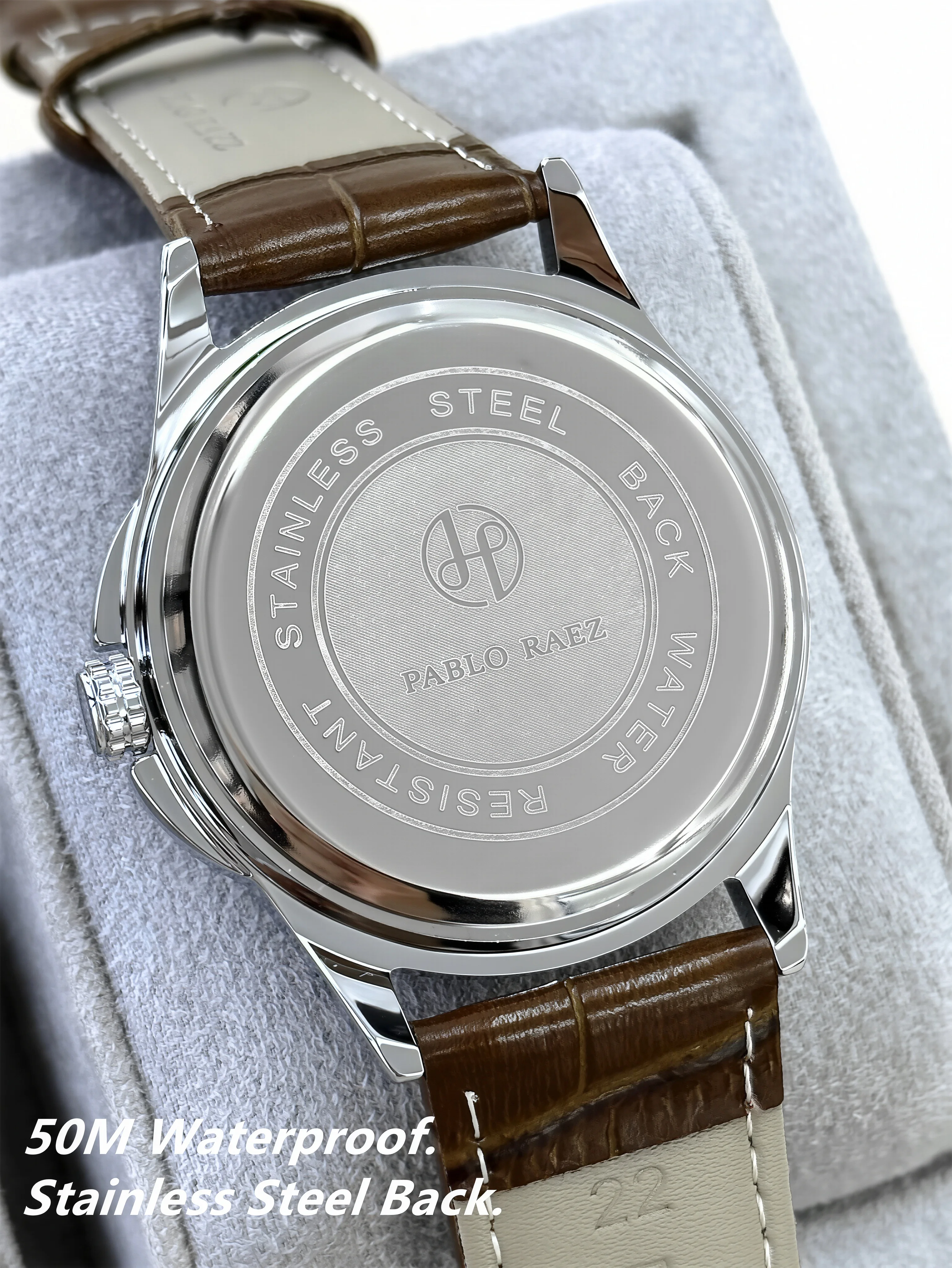 PABLO RAEZ Business Brand Casual Men's Watch Leather Strap Roman Numerals Stainless Steel Bezel Calendar 50M Waterproof Gifts