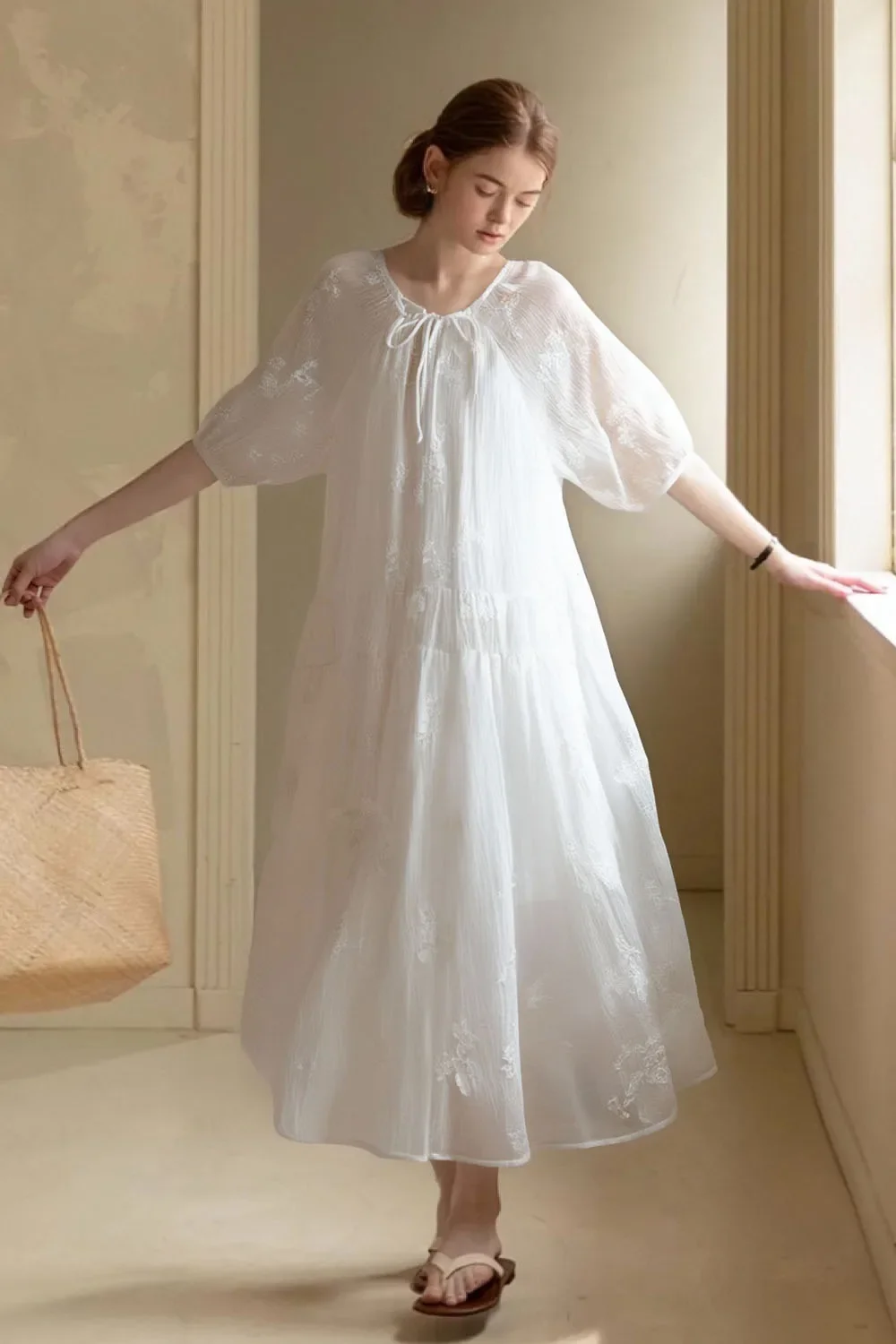 

VIMLY Women's Elegant Floral Long Dress 2025 Summer French Style Romantic Loose Lantern Sleeve Tiered Flowy Holiday Party Dress