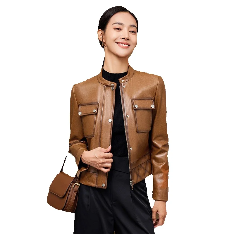 

New Sheepskin Leather Jacket For Women With Round Neck Motorcycle Fairy Single Leather Jacket