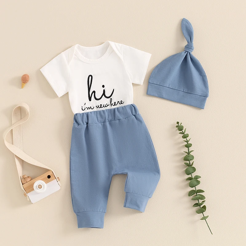 Newborn Baby Boy Girl Clothes Im New Here Printed Romper  Pants Set with Hat Coming Home Hospital Outfits