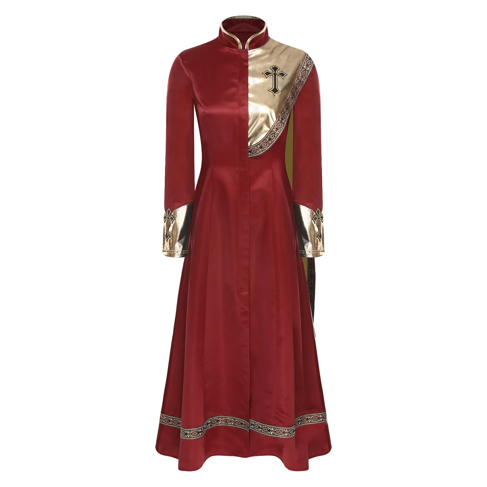 

Womens Halloween Theatrical Priest Costume with Dramatic Single Shoulder Drape And Metallic Accents Pastor Church Roleplay Robe