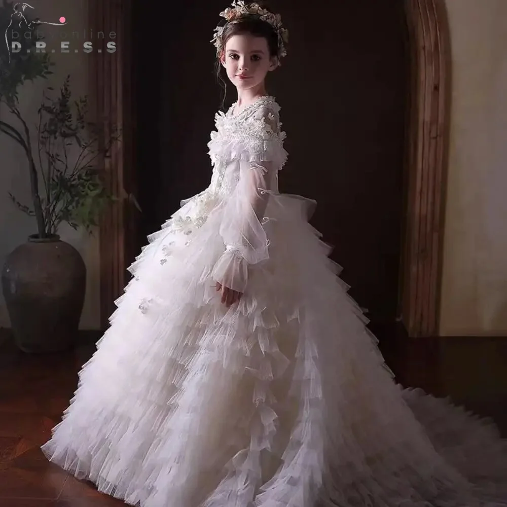 BABYONLIN Customized Communion Ceremony Flower Girl Dress O-neck Long Sleeve Tiered Tulle A-line Skirt Floral Cute Boho Gown