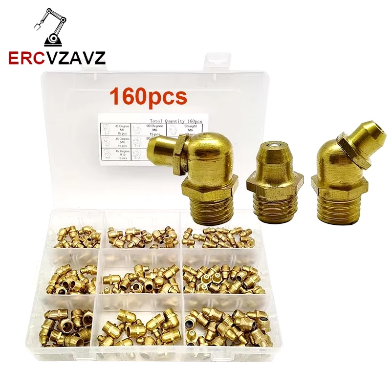 

160pcs Grease Nipple Drive in Grease Fitting Nipple Zerk Nipple Fitting M6/M8/M10 45/90/180 Degree Assortment Kit for Car