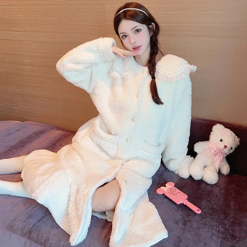 

Женский пижамный комплект из кораллового флиса с длинными рукавами, зимняя теплая одежда для сна, уютная ночная рубашка, домашняя одежда, стильный халат, костюм