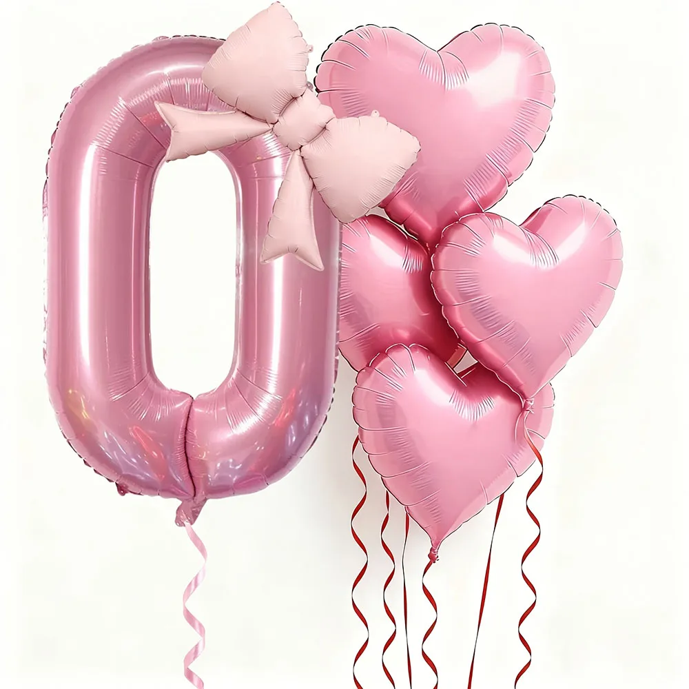 6 Stück rosa Schleifen-Herzballons mit 32 Zoll großen rosa Zahlenfolienballons für Geburtstagsfeiern, Hochzeiten, Verlobungen, Jubiläen, Dekoration