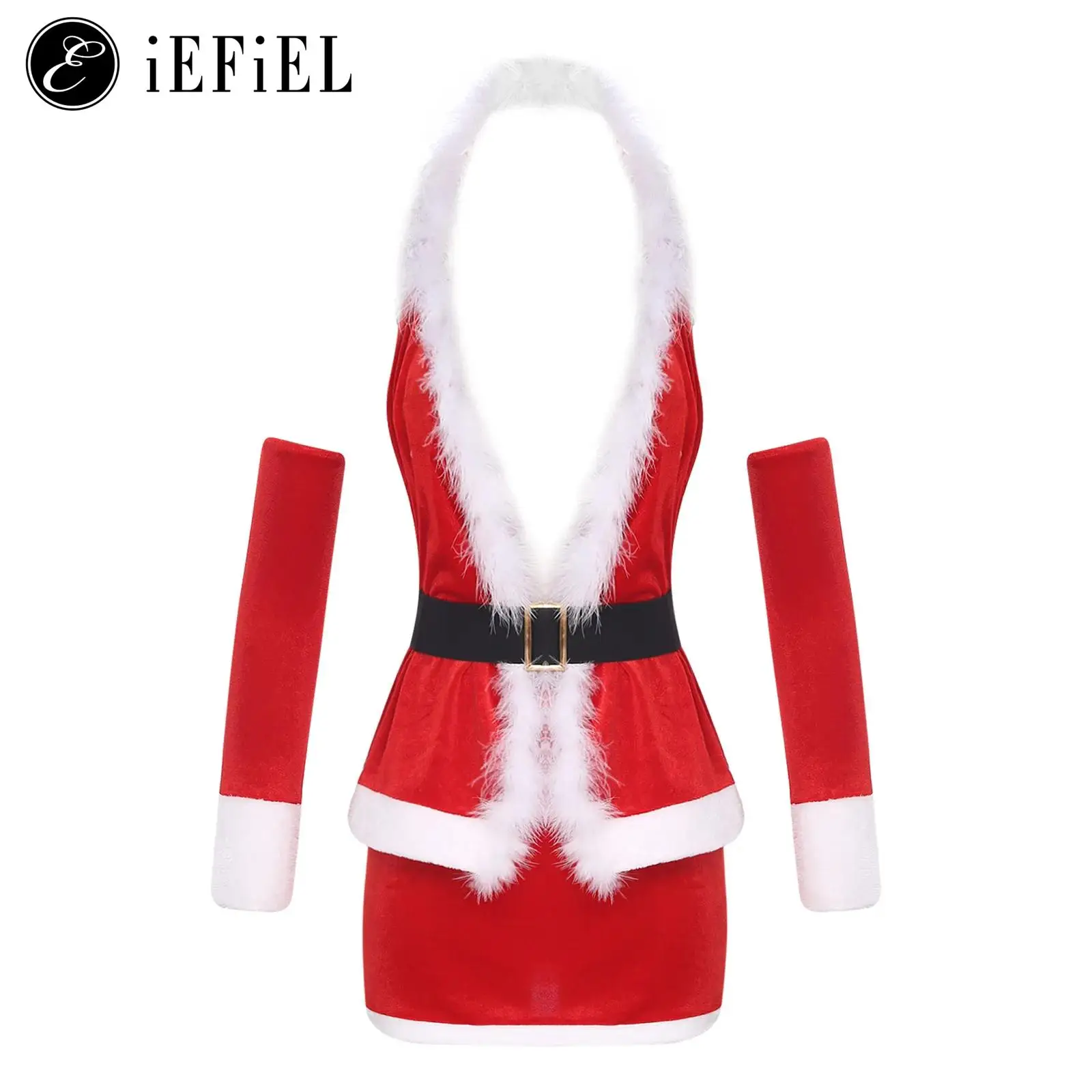 

Women Sexy Santa Christmas Fancy Dress-up Faux Fur Halter Open Front Waistcoat Top with Mini Velvet Skirts Gloves Club Dancewear