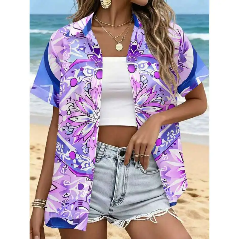 Women's Casual Short Sleeve Button Up Shirt Purple Blue Twisted Mandrake Iridescent Symmetrical Blooming Pattern Machine Washabl