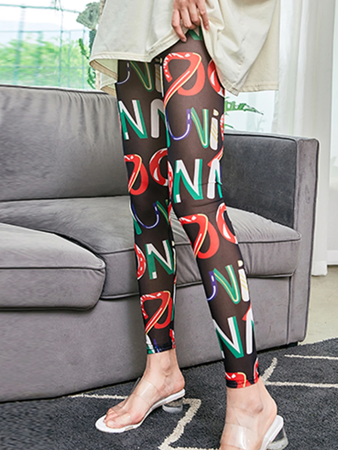 Summer High-waisted Printed Graffiti Mesh Leggings Women Feel Mesh Elastic Tights Thin Black Letter-printed Nine-quarter Pants