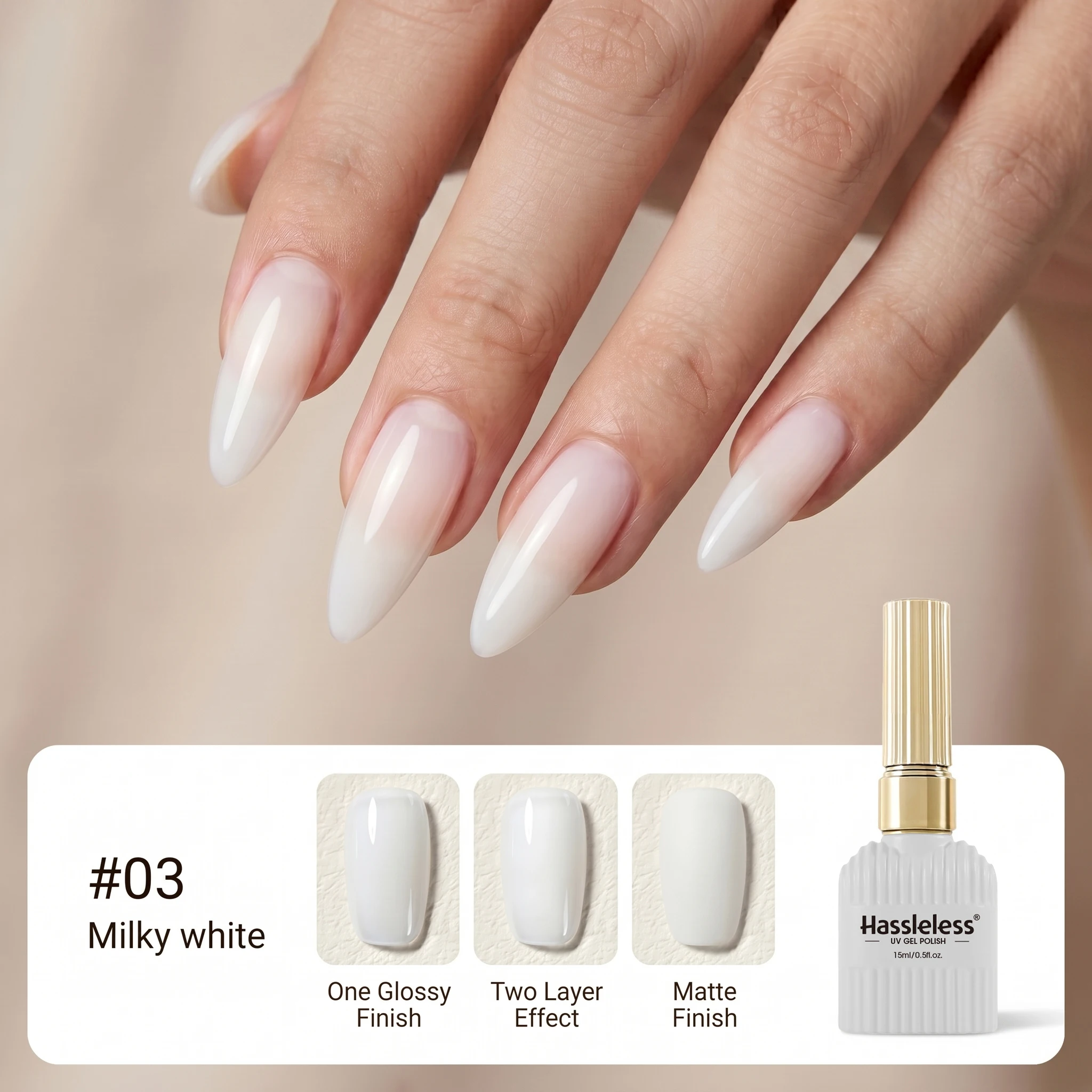Hassleless Sheer Milky White Gel Nail Polish 15ml, UV/LED Soak-Off, Salon-Quality Formula, Long-Lasting Wear for Everyday Use