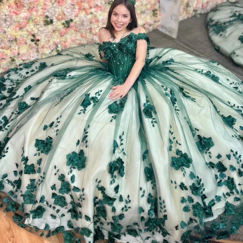 

ANGELSBRIDEP Green Quinceanera Dresses Tulle Appliques 3D Flower Beading Pageant Lace Up Vestidos De 15 Años Princess Ball Gowns