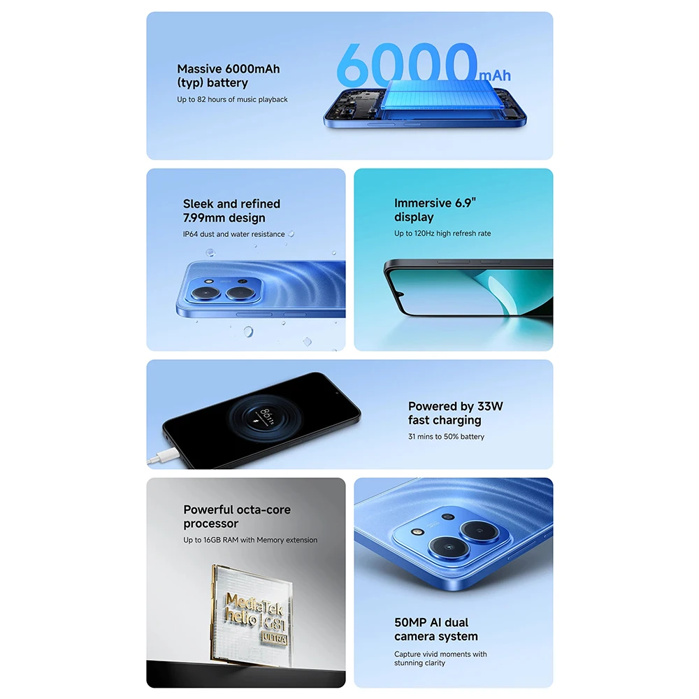 الإصدار العالمي Redmi 15C 4GB 256GB 6.9 "عرض 33W FastCharging 6000mAh 120HZ USB Type-C تسجيل الفيديو 1920x1080px NFC