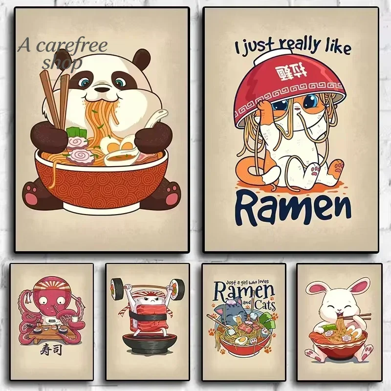 Pop Retro Cute Animals Food Poster Aesthetics Ramen Sushi Panda Cat Rabbit Drink Canvas Painting Wall Art Home Kawaii Room De