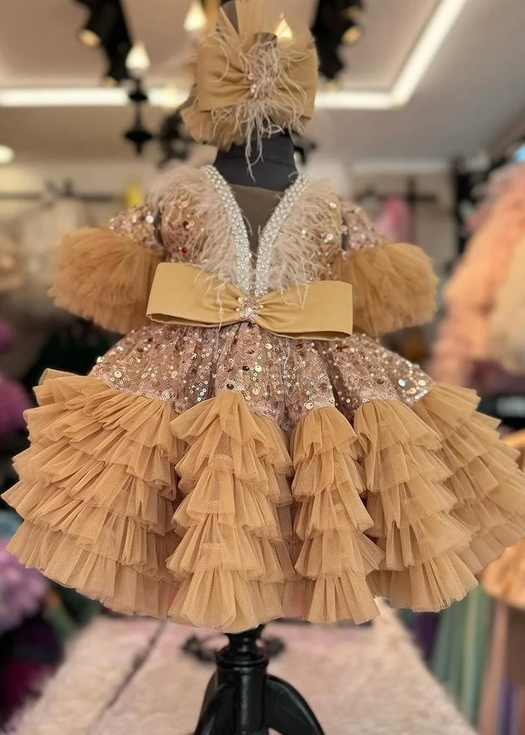 Gonna principessa con fiocco di paillettes da ragazza 2024 nuova moda leggera di lusso scavata gonna soffice costume da spettacolo di compleanno di