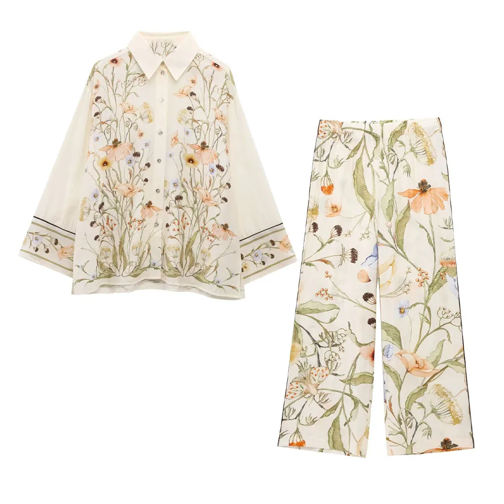 2025 여성 봄 신상 패션 레이지 스타일 프린트 셔츠 우븐 라펠 조커 버튼 탑 캐주얼 와이드 레그 팬츠 슈트 여성복