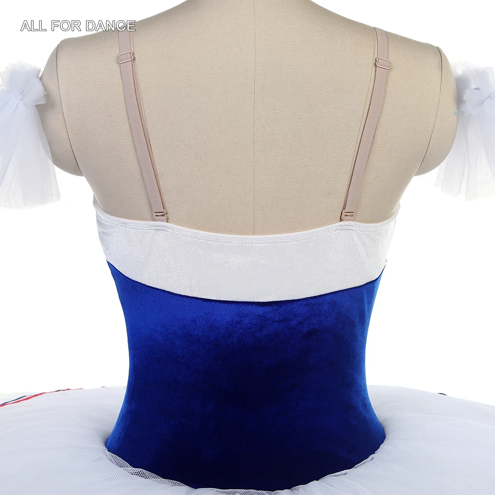 BLL589 ロイヤルブルー/ホワイト ベルベットボディス、ホワイトの硬いチュールチュチュ付き、フラム・オブ・パリのバリエーション用プレプロフェッショナルバレエチュチュ