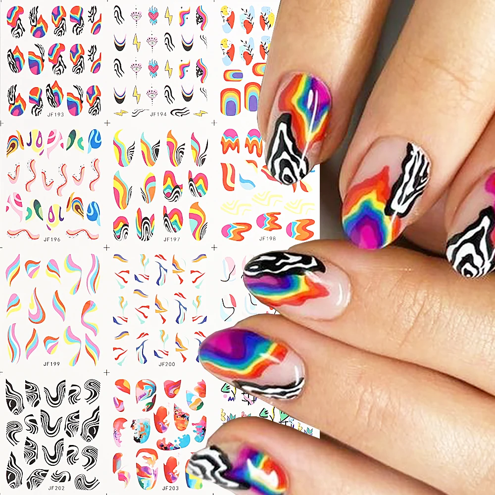 12Pcs Rainbow Nail Water Decals Wave Lines Colourful Strips Geometry Sliders Transfer Stickers Art Manicure Decors NLJF193-204