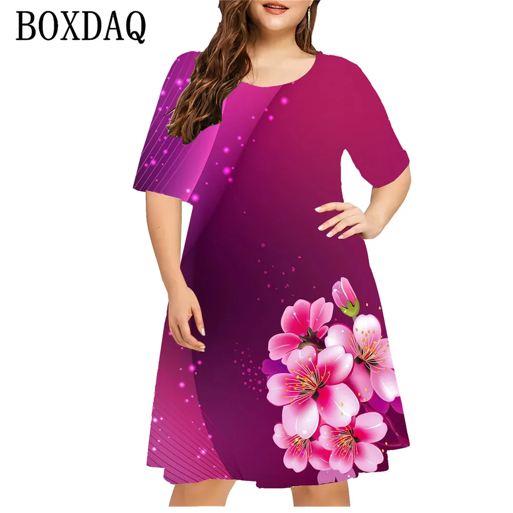 2024 Summer Dresses Women Fashion Short Sleeve Loose A-Line Dress Plus Size Casual Flower 3D Print Ladies New Clothing 8XL 9XL