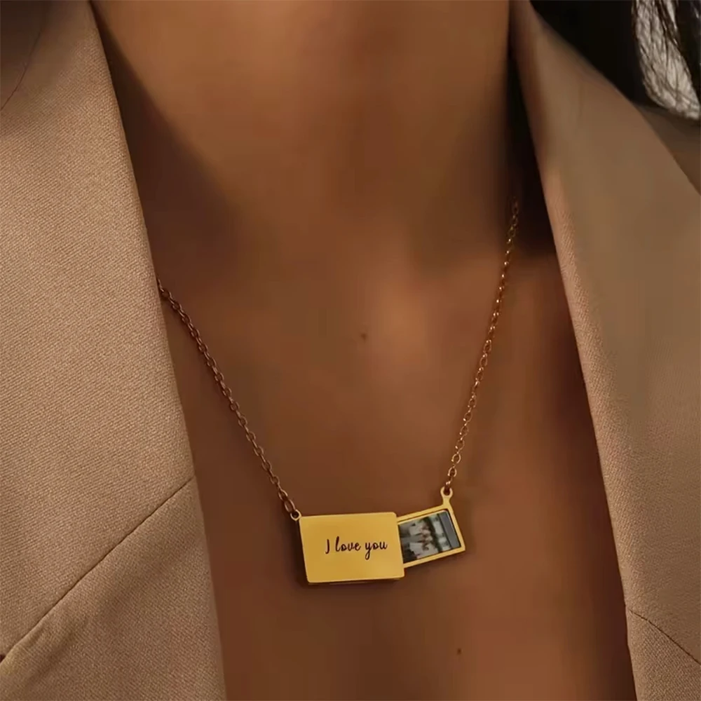 Personalized Stainless Steel Photo Locket Necklace Custom Pull out Envelope Pendant Engraved Message Meaningful Gift for Women