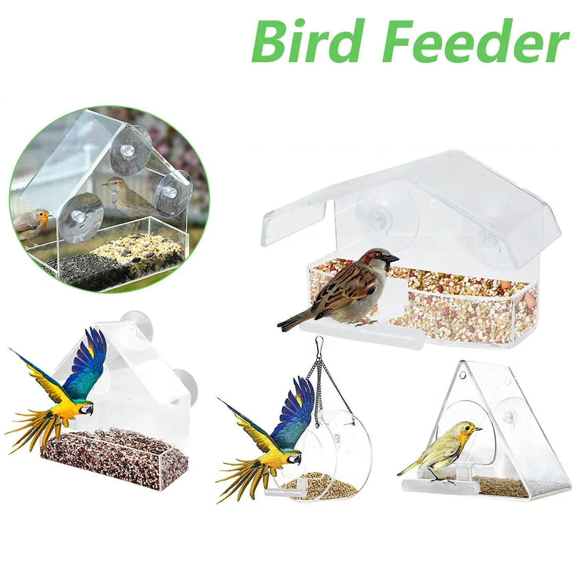 Akrilik Kuş Besleyici Pencere Asılı Temizle Kuş Evi Besleme Kafesi Vantuz Ile Ev Pencere Bahçe Veranda Kuş Besleyici Tepsisi