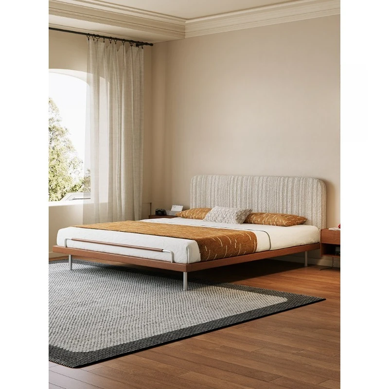 

French cream style bedroom double soft bag bed backrest fabric cotton and linen master bedroom large bed medium