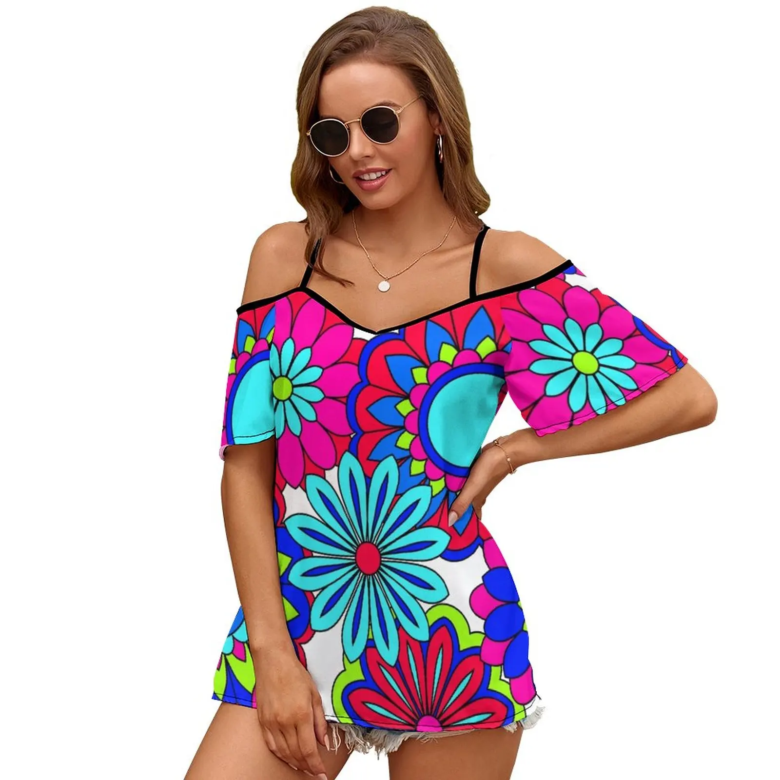 女性のための花柄の半袖トップ,新しいファッション,花柄,ヒッピー,ヒッピー,スイング