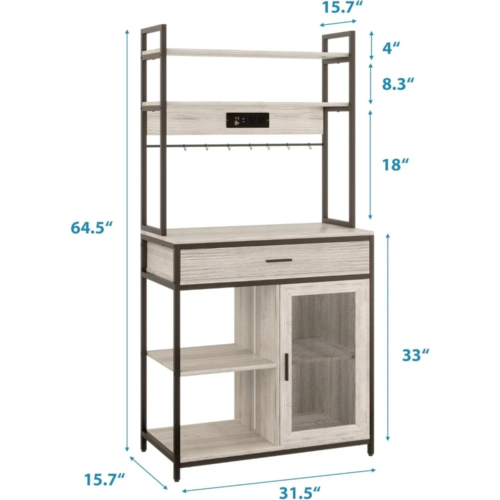 5-Tier Bakers Rack with Power Outlet, Kitchen Bakers Rack with Storage and Lights, Coffee Bar Table,Microwave Stand with 8 Hooks