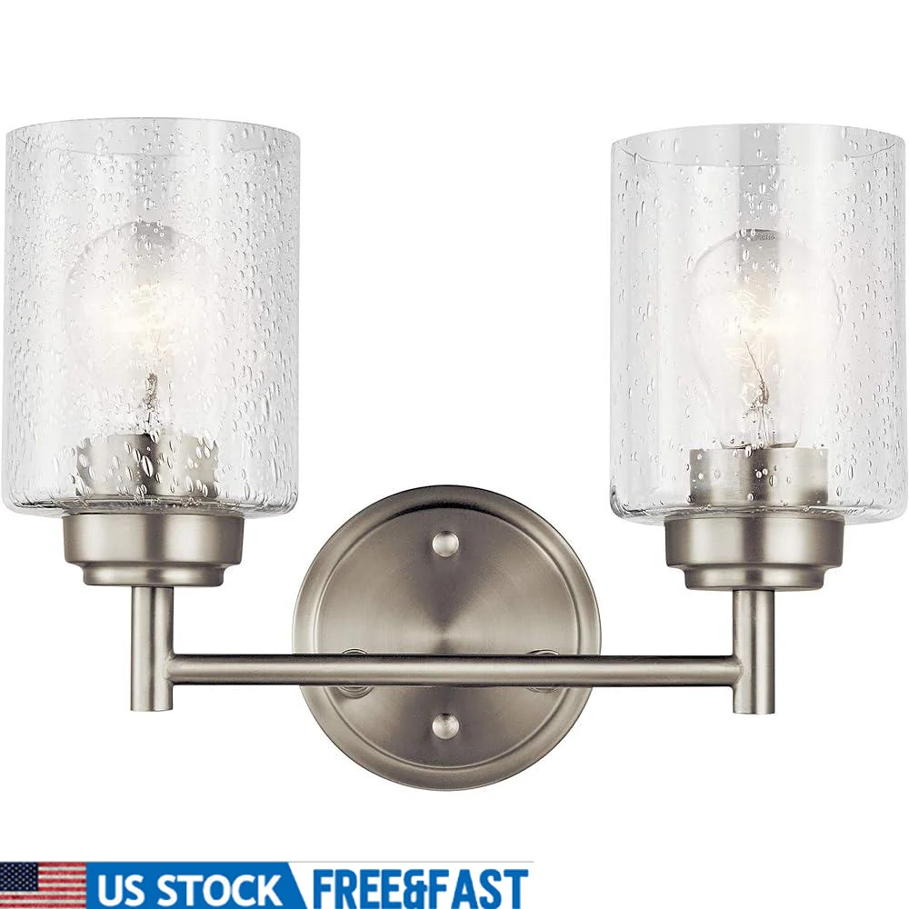 

Transitional 2-Light Bathroom Vanity Light Brushed Nickel Clear Seeded Glass Wall Sconce Mounting Kit Included Ambient Lighting