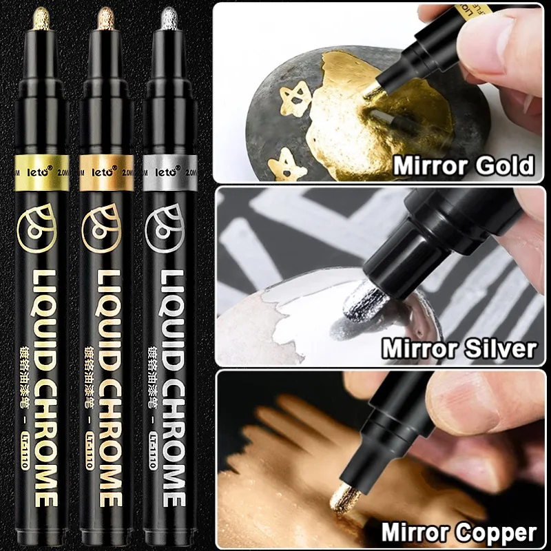 Chrome Mirror Marker Silver Golden Copper Liquid DIY Doodle Cards, Posters,Rock Mugs,Ceramic,Glass, Metallic Craftwork